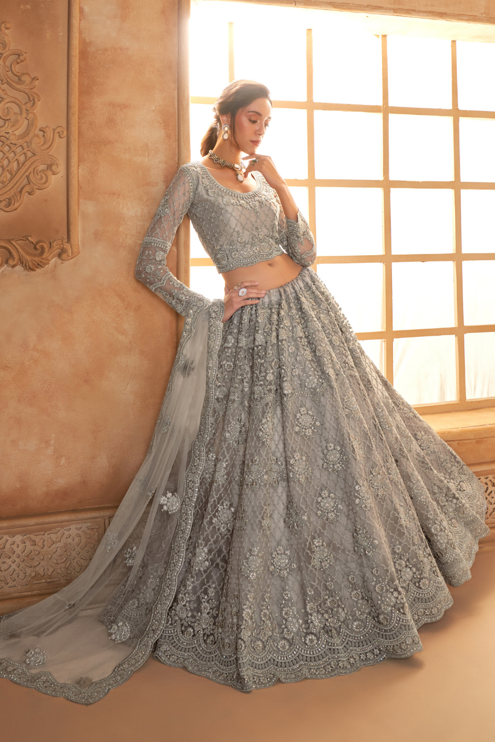 Charming Grey Soft Net Lehenga Choli For Engagement Ceremonies