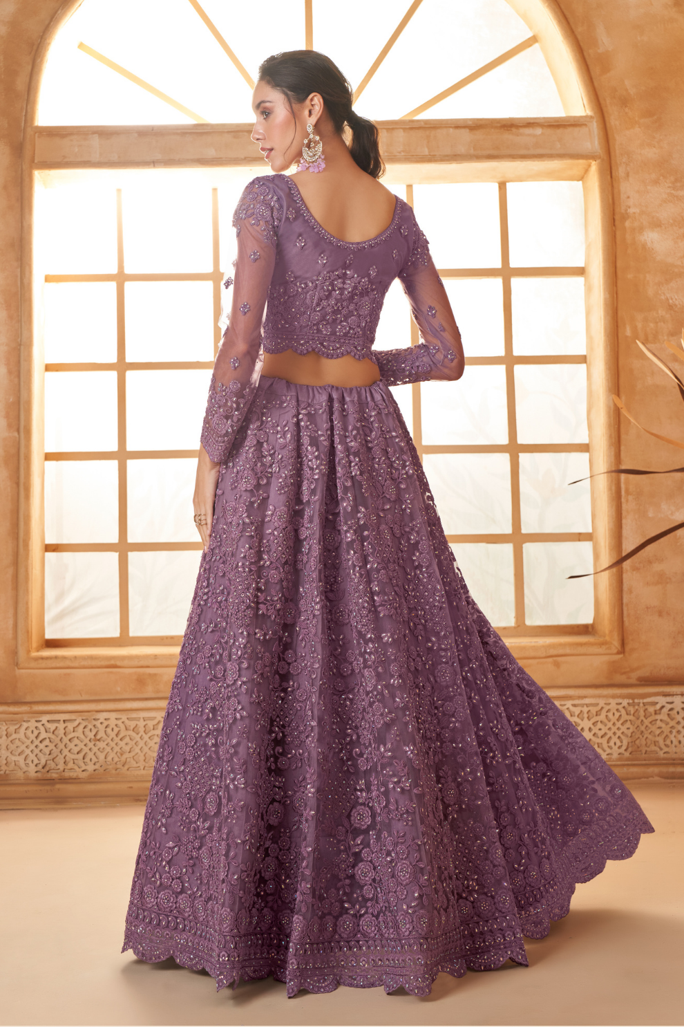Designer Purple Embroidered Net Lehenga Choli Set With Dupatta