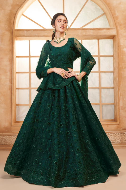 Graceful Dark Green Embroidered Lehenga In Net With Diamond