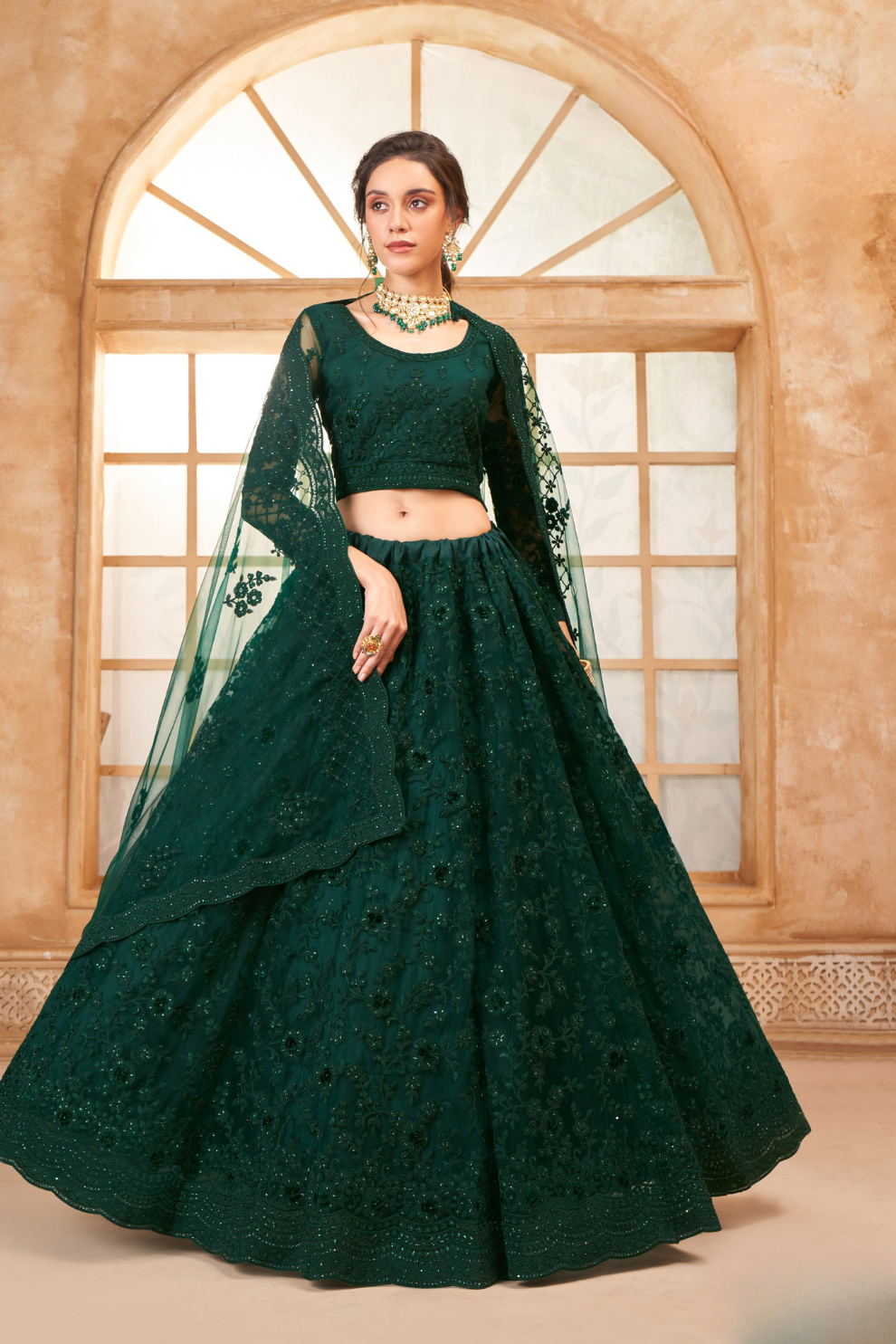 Graceful Dark Green Embroidered Lehenga In Net With Diamond