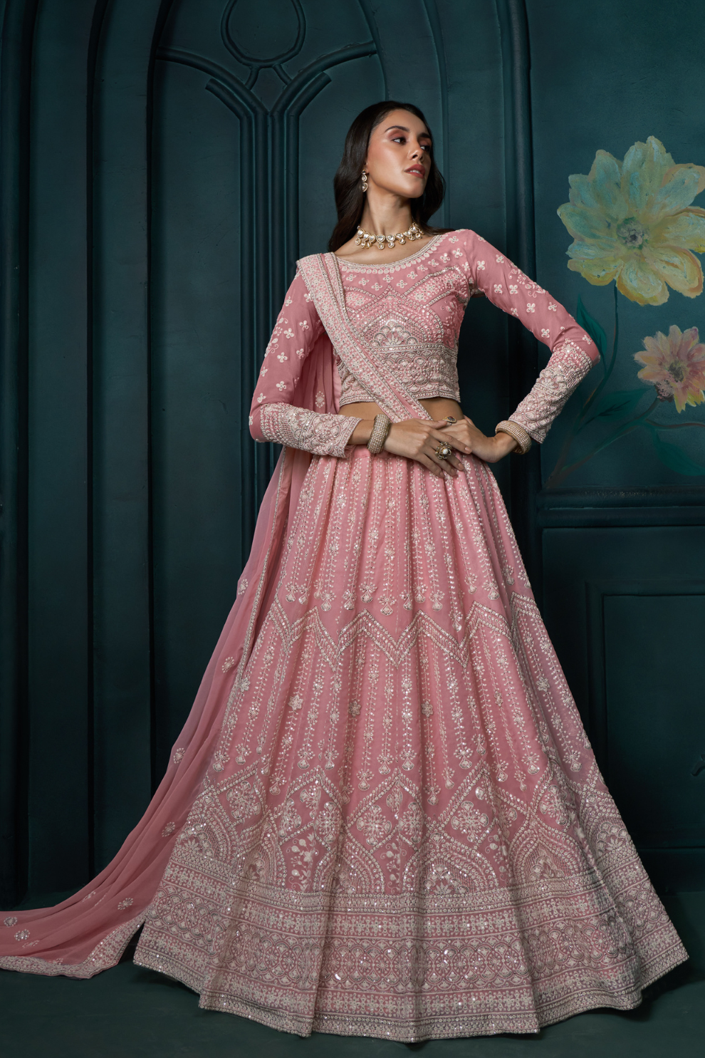 Graceful Blush Pink Embroidered Lehenga In Georgette