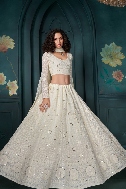 Designer White Georgette Lehenga With Intricate Thread