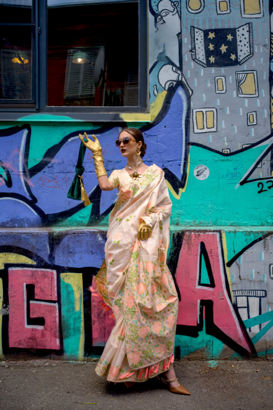 Parsi Weaving Handwoven Textured Silk Saree with Heritage Detailing