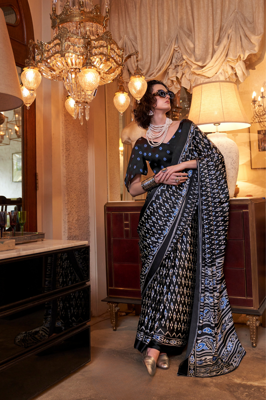 Patola Printed Satin Crepe Saree with Rich Ethnic Detailing