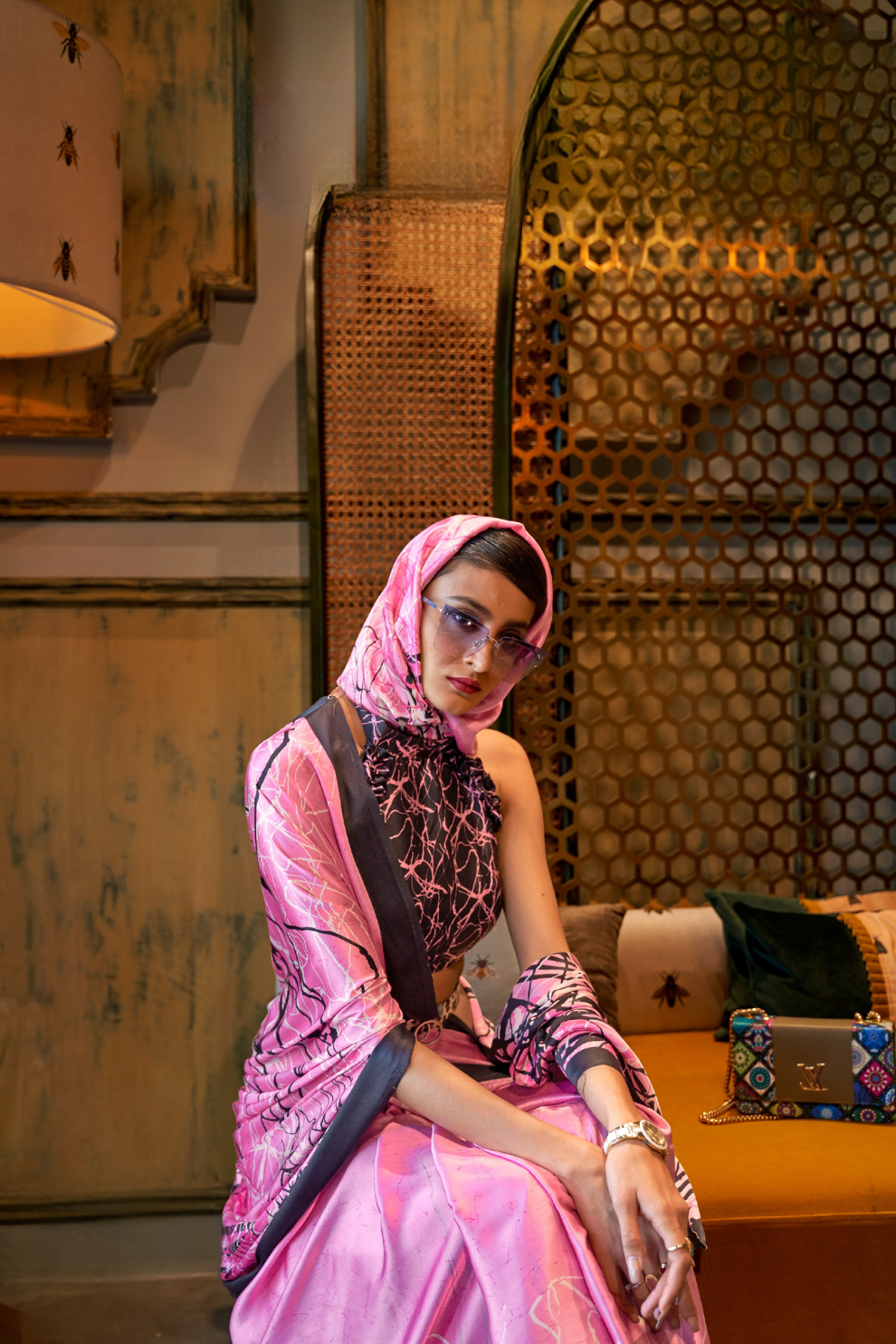 Printed Japan Satin Creep Saree with Elegant Flowing Drape