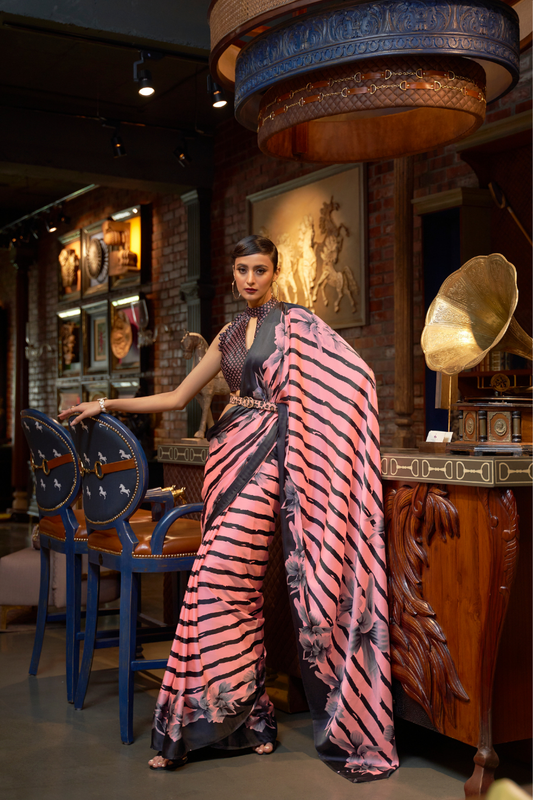 Printed Japan Satin Creep Saree with Elegant Flowing Drape