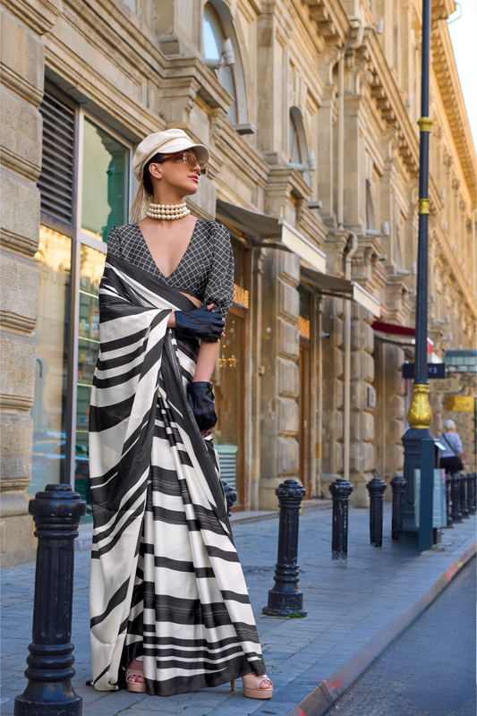 Printed Satin Crepe Saree with Soft Silky Fall and Shine