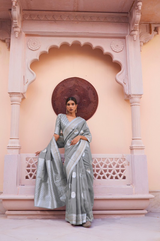 Pure Linen Silk Saree with Traditional Hand Weaving Design