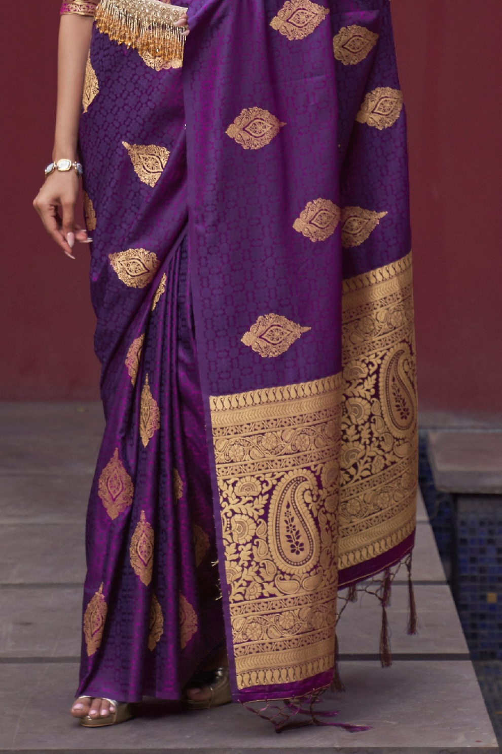 Printed Silk Saree with Zari Border and Tassels