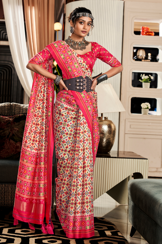 Pure Tussar Silk Saree with Patola Print & Lagdi Patta Pallu - LaVante Fashion