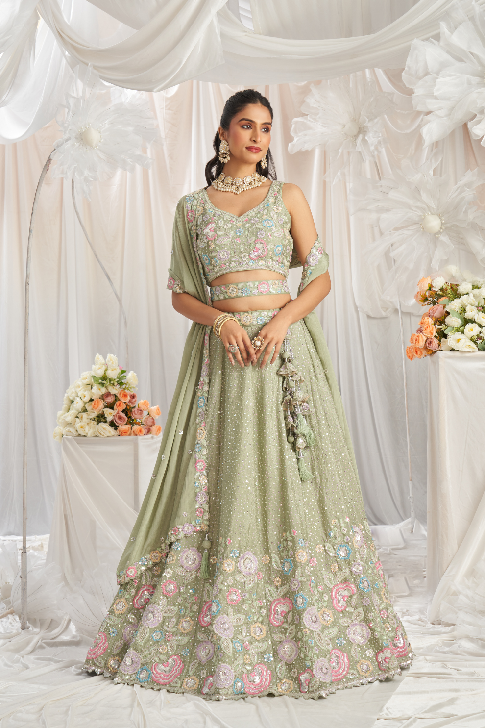 Pure Chiffon Sequins And Thread Embroidery Lehenga Choli Dupatta