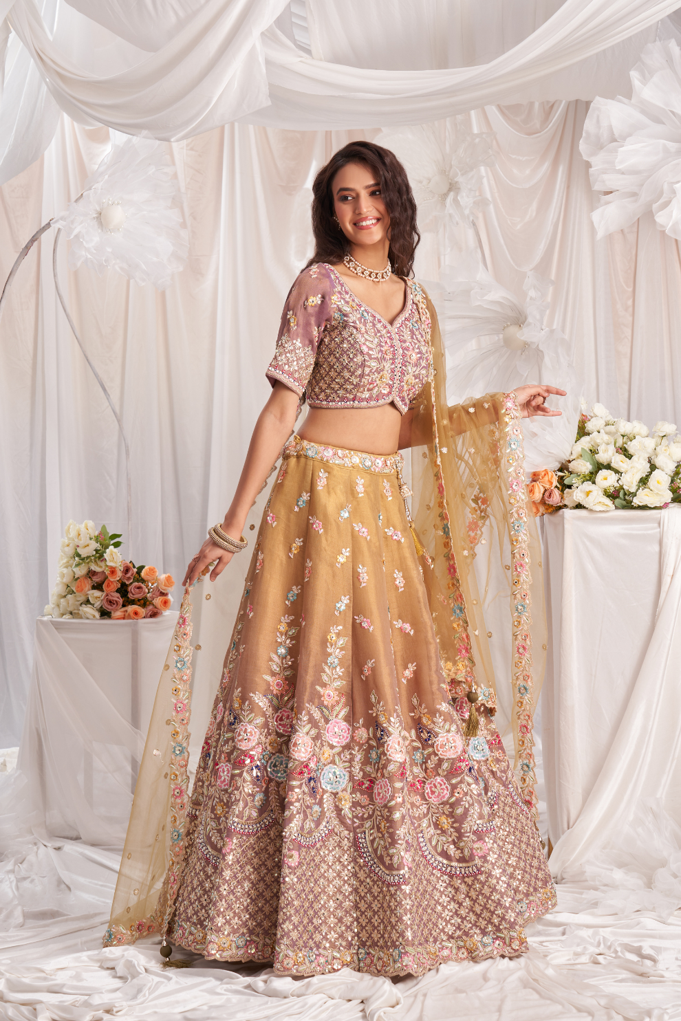 Exquisite Bridal Net Lehenga Set With Gotapatti And Moti Embroidery