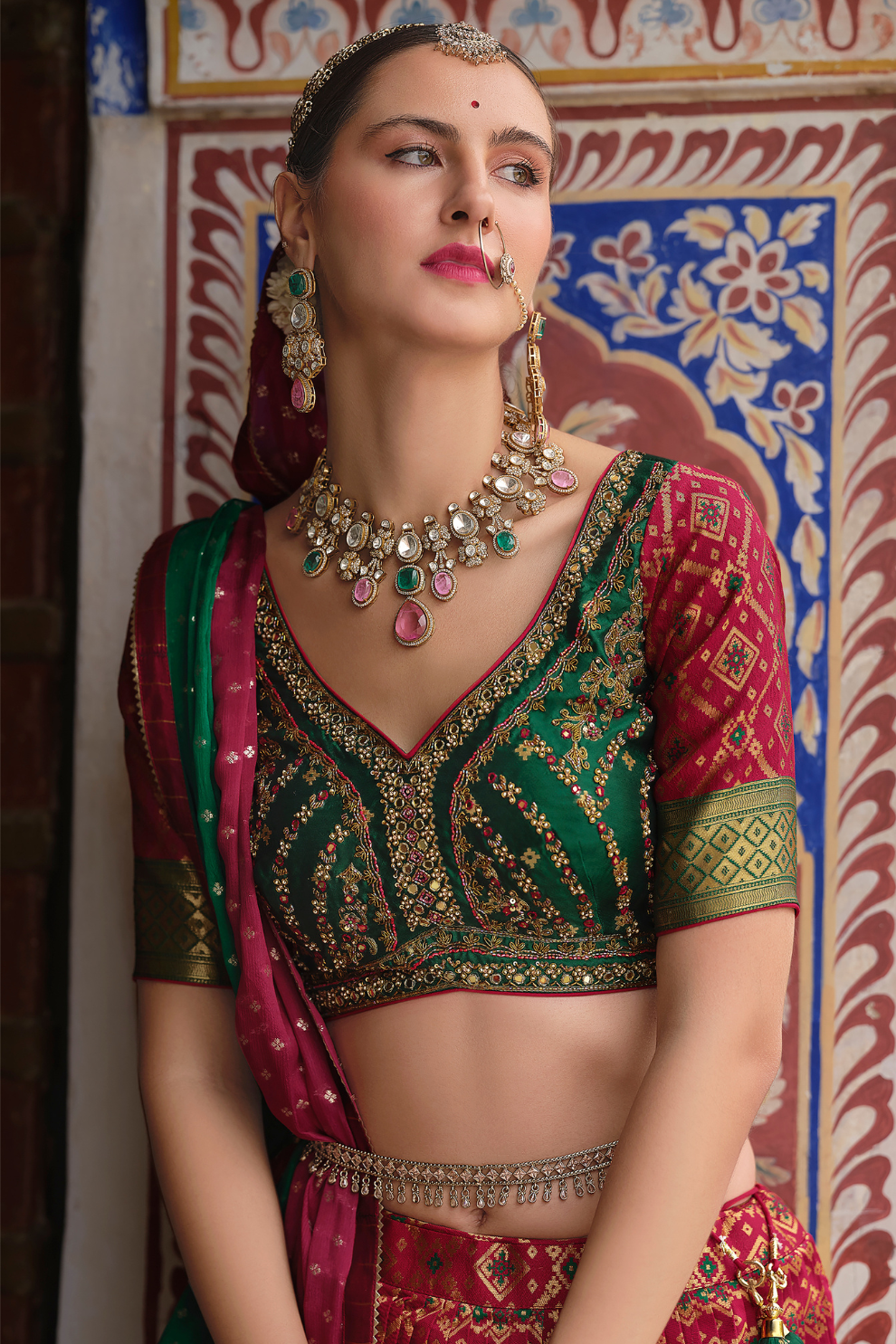 Crimson and Green Silk Lehenga Choli with Cutdana Work - LaVante Fashion