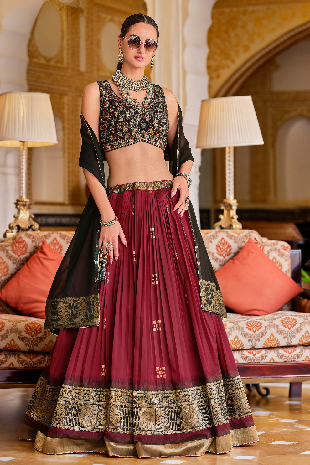 Maroon Silk Foil Print Readymade Lehenga Choli for Ceremonial Wear - LaVante Fashion