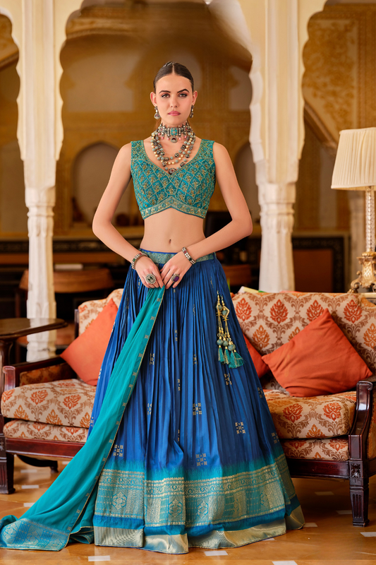Blue Silk Foil Print Readymade Lehenga Choli for Ceremonial Wear - LaVante Fashion