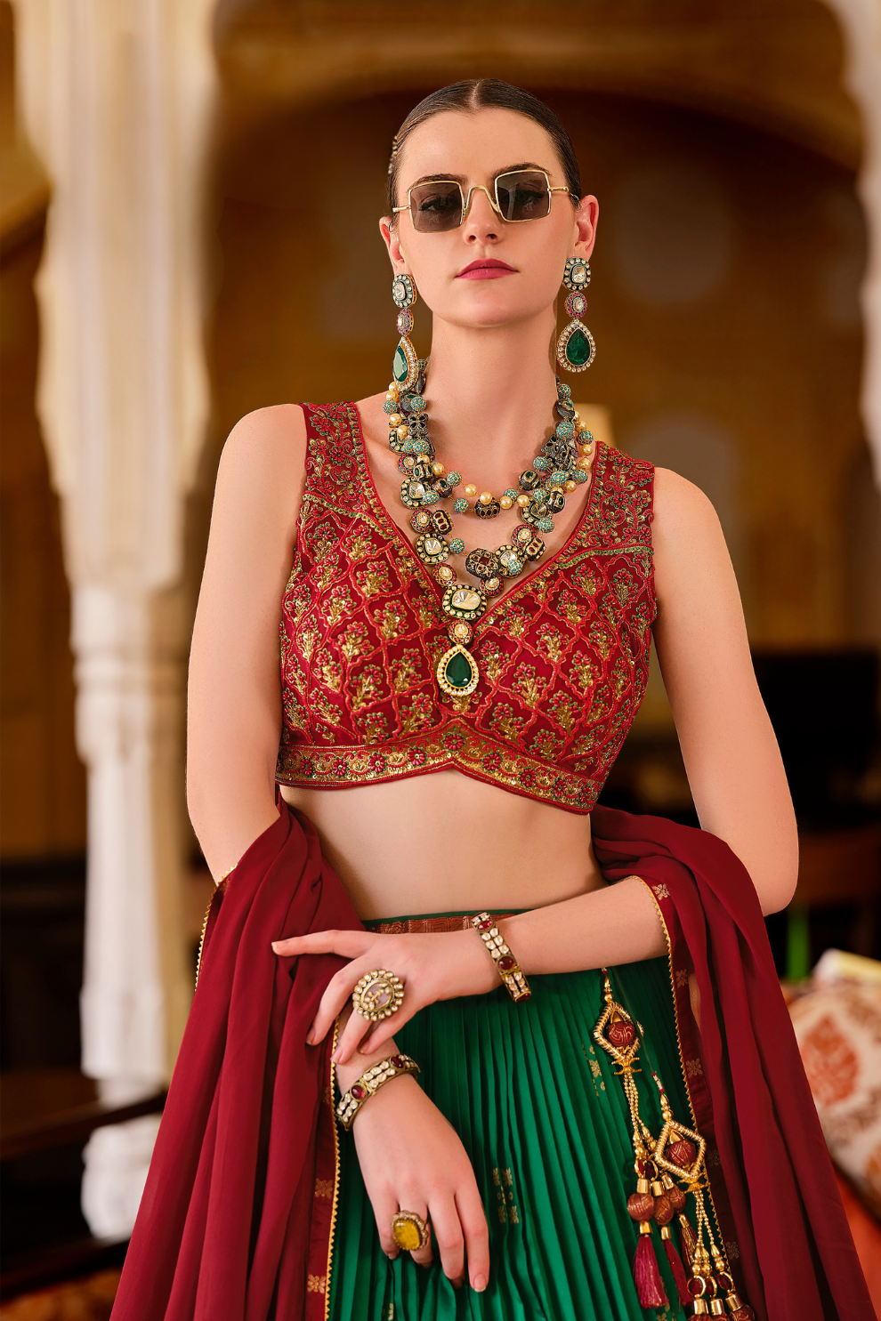 Green Silk Foil Print Readymade Lehenga Choli for Ceremonial Wear - LaVante Fashion