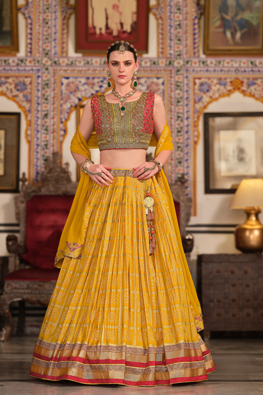 Yellow Silk Foil Print Readymade Lehenga Choli for Ceremonial Wear - LaVante Fashion