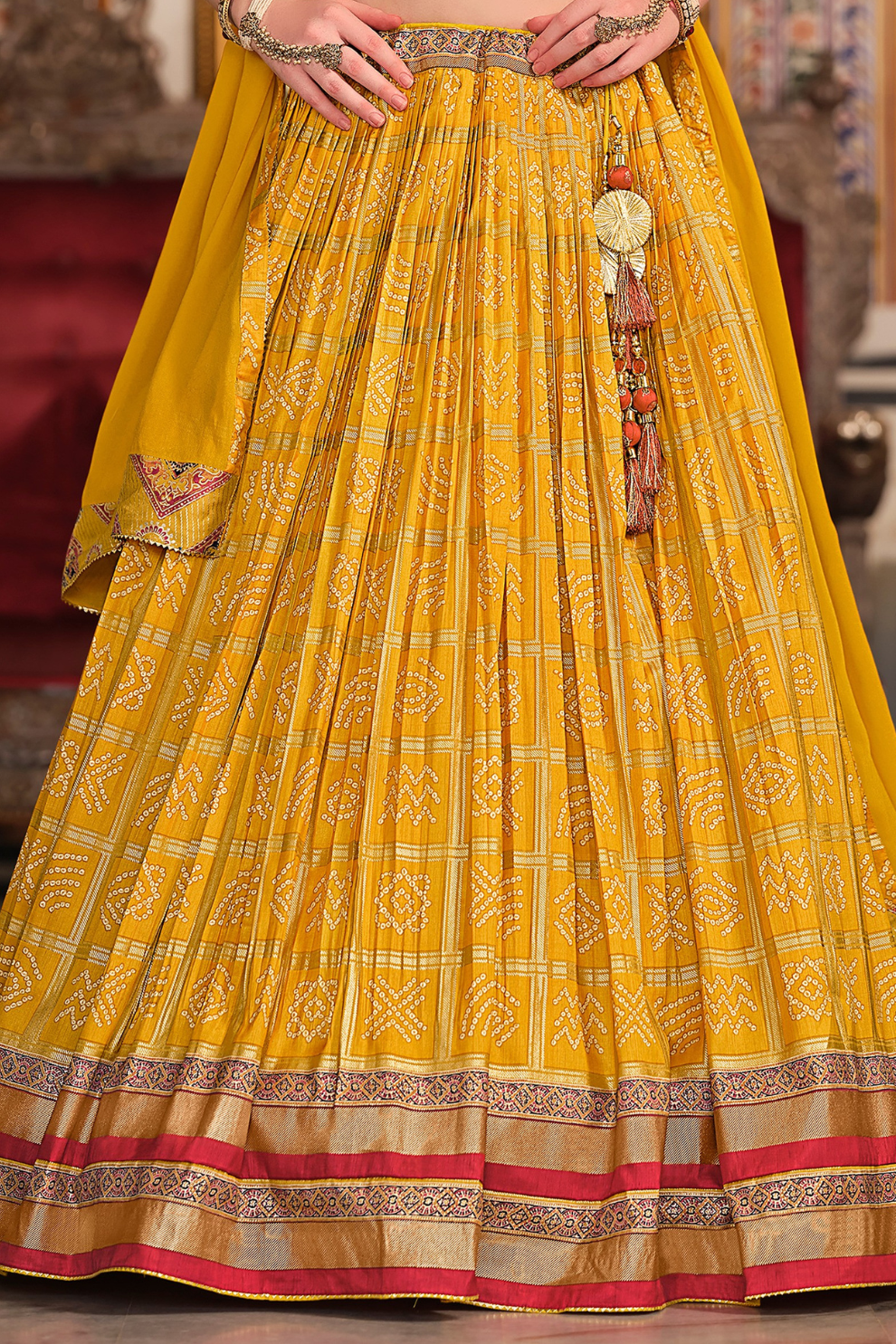 Yellow Silk Foil Print Readymade Lehenga Choli for Ceremonial Wear - LaVante Fashion