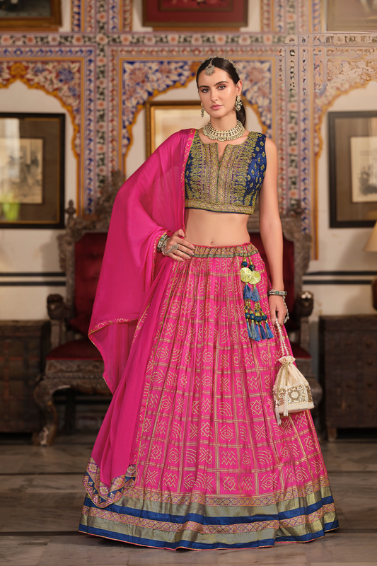 Pink Silk Foil Print Readymade Lehenga Choli for Ceremonial Wear - LaVante Fashion