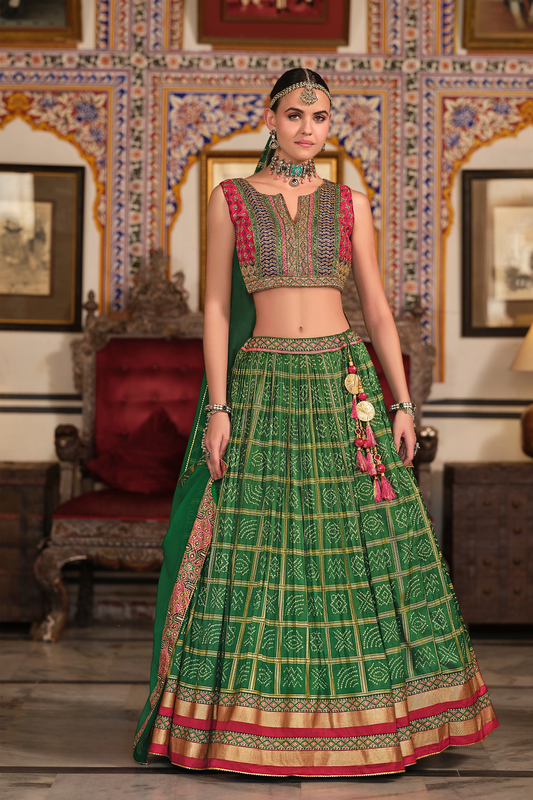 Irish Green Silk Foil Print Readymade Lehenga Choli for Ceremonial Wear - LaVante Fashion