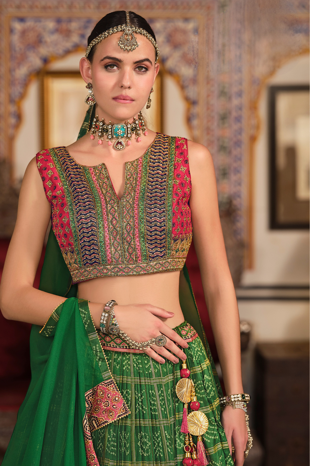Irish Green Silk Foil Print Readymade Lehenga Choli for Ceremonial Wear - LaVante Fashion
