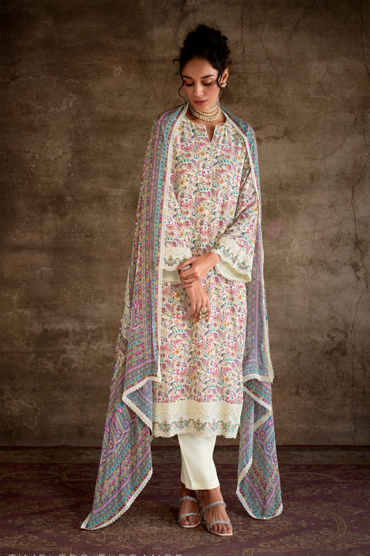 Pure Muslin Salwar Suit with Digital Print & Kashmiri Embroidery