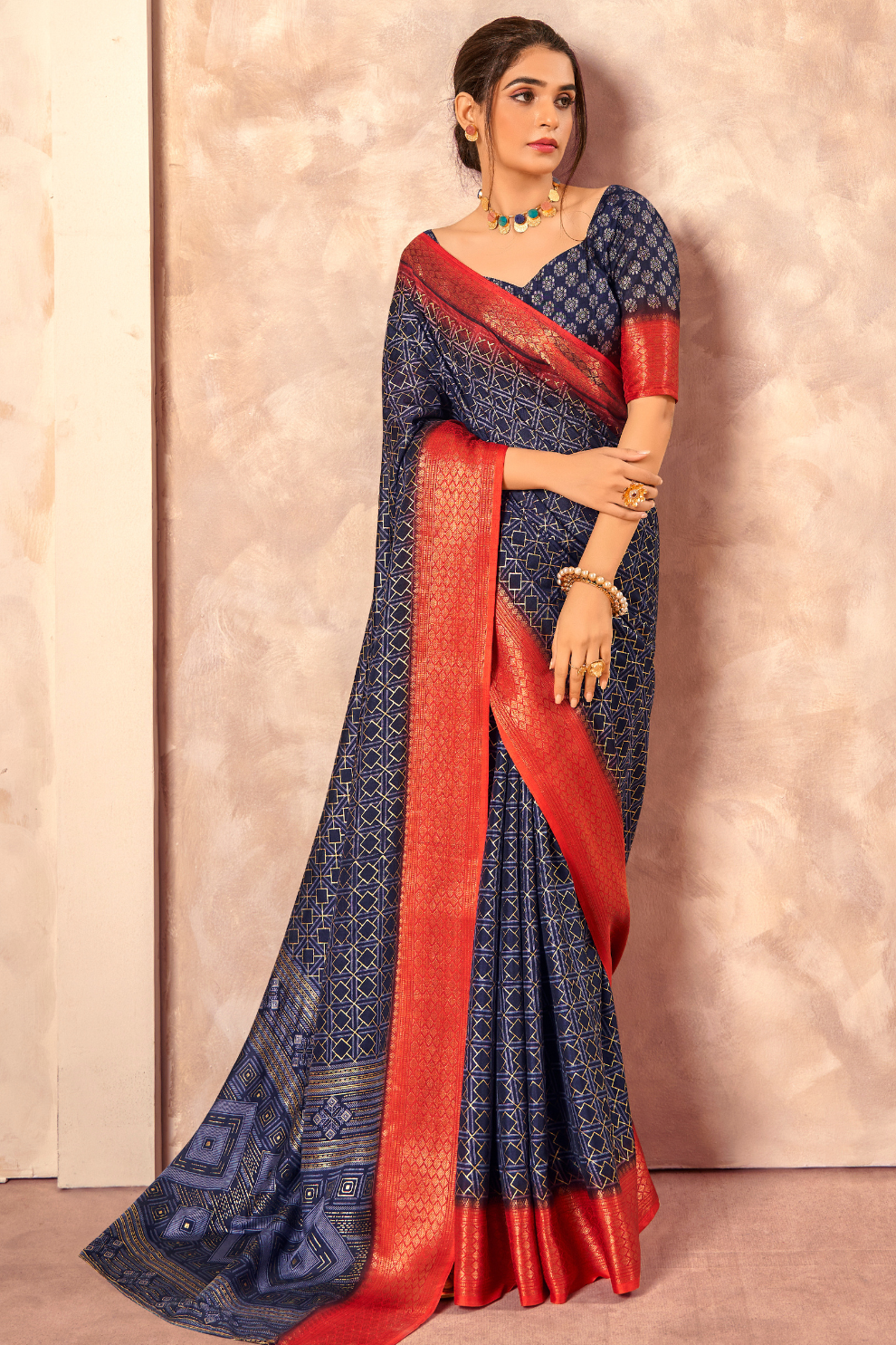 Soft Dola Saree with Foil Print and Contrast Jacquard Border - LaVante Fashion