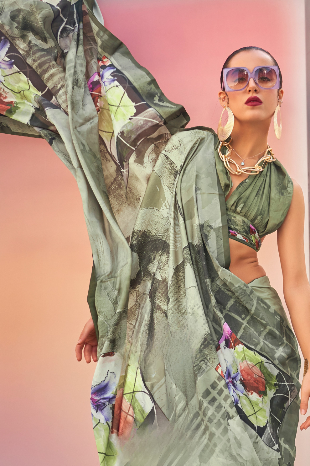 Stylish Swiss Satin Saree with Premium Digital Artwork Prints