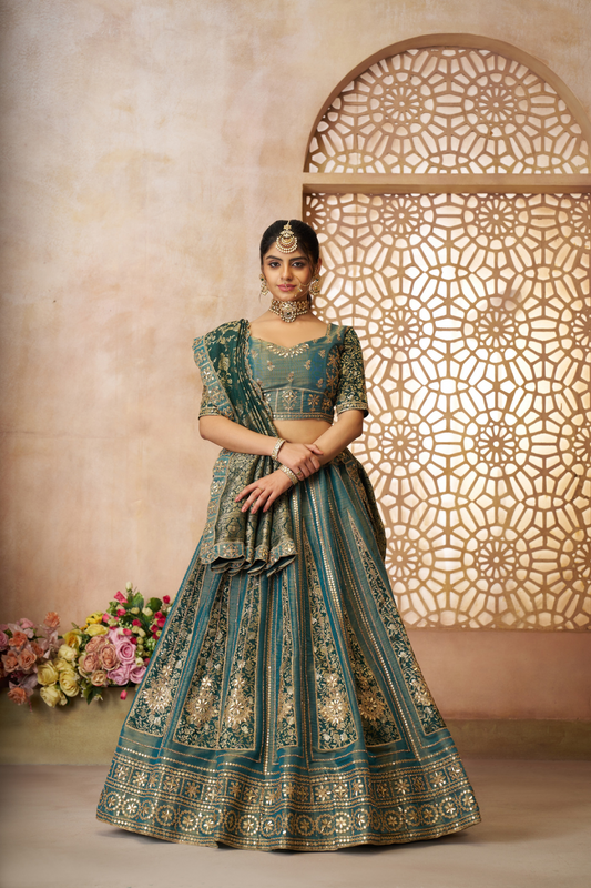 Luxurious Tissue Lehenga Adorned with Banarasi Patches and Zari Craftsmanship