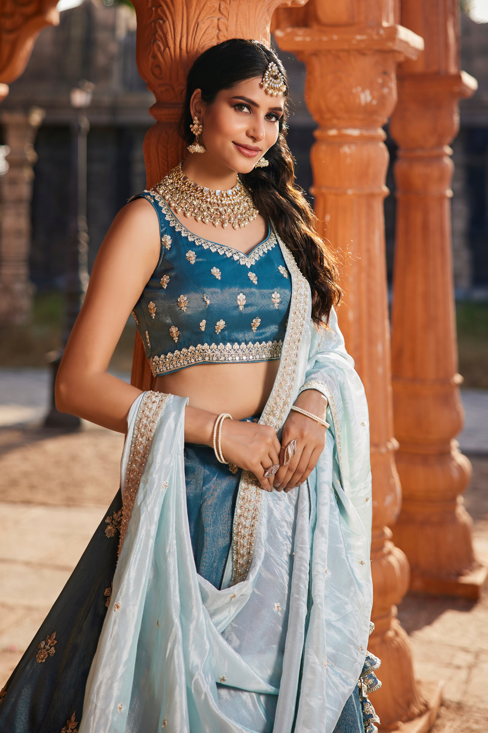 Designer Tissue Lehenga Choli with Sequin Embroidery and Coordinated Dupatta