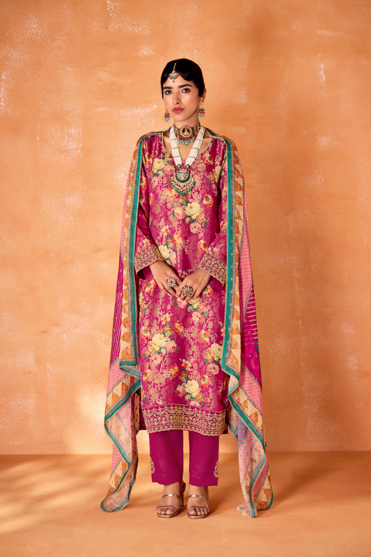 Pure Kanjivaram Salwar Suit with Digital Embroidered Borders