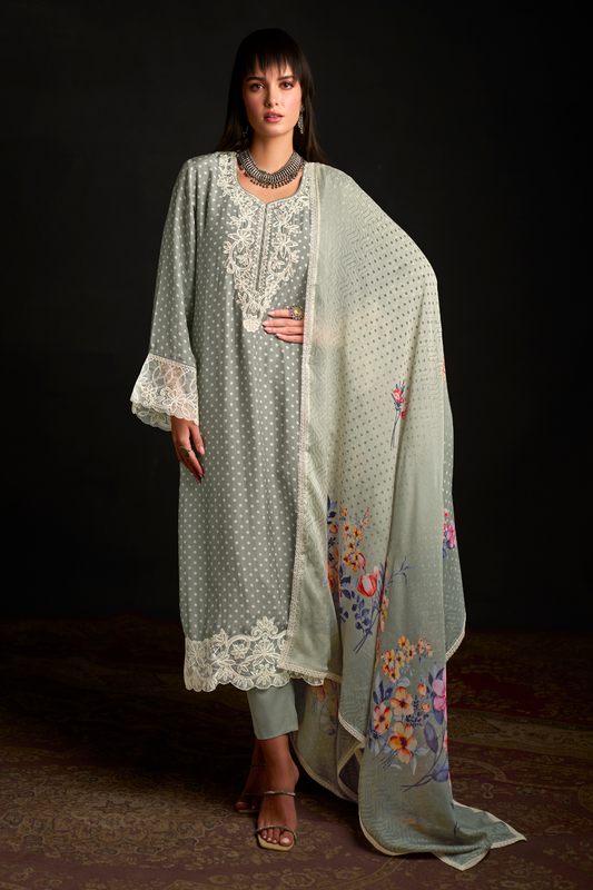 Chic Muslin Salwar Suit with Prints & Embroidered Organza Sleeves