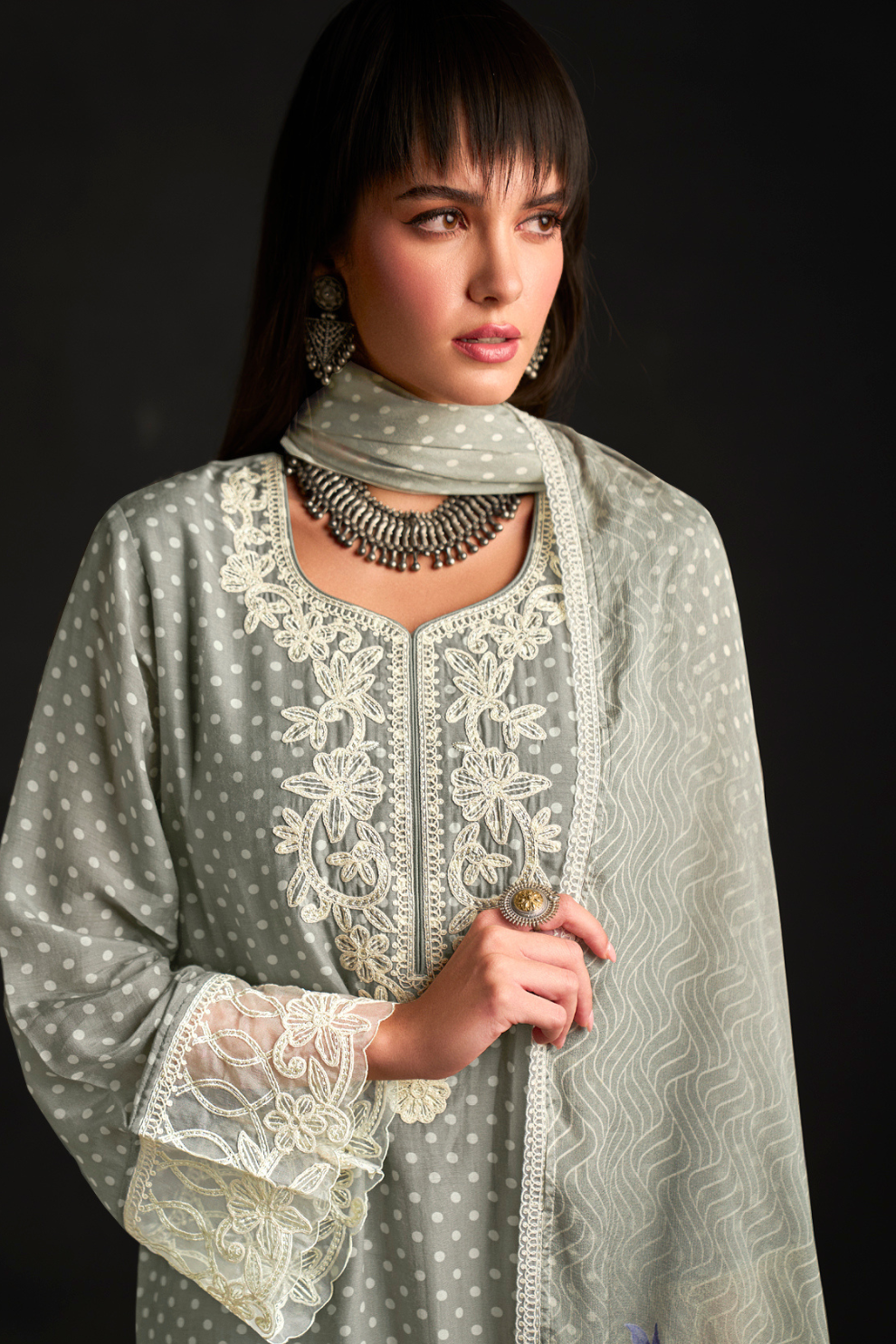 Chic Muslin Salwar Suit with Prints & Embroidered Organza Sleeves