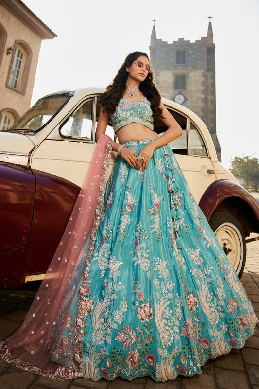 Satin Silk Lehenga Choli & Dupatta with Sequins Embroidery
