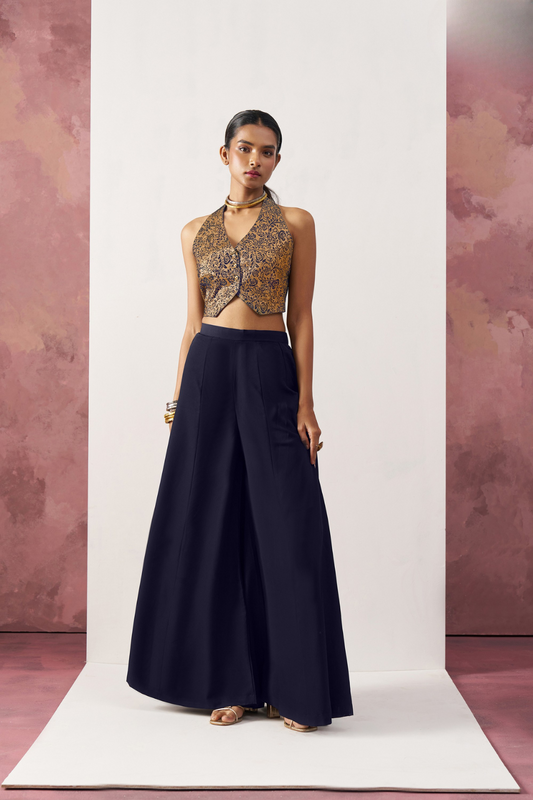 Elegant Blue Jacquard Indo-Western Skirt Suit with Waistcoat