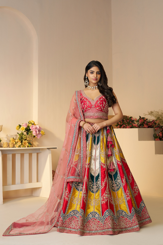Radiant Multicolor Zari Lehenga – A Showstopper for Brides & Haldi Moments