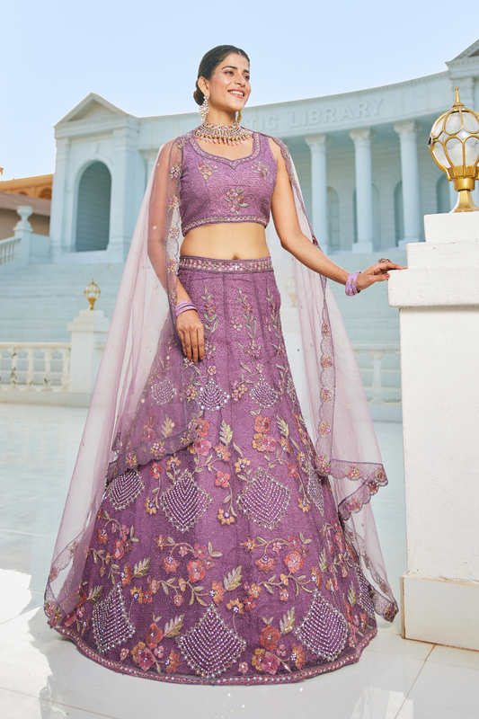 Designer Net Lehenga Choli & Dupatta with Handcrafted Coding