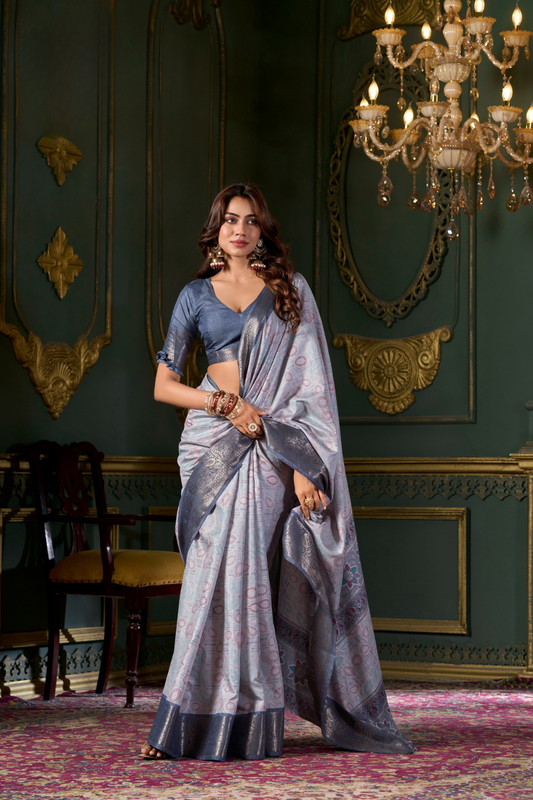 Soft Dola Silk Saree with Foil Print and Dusty Tone Matching - LaVante Fashion
