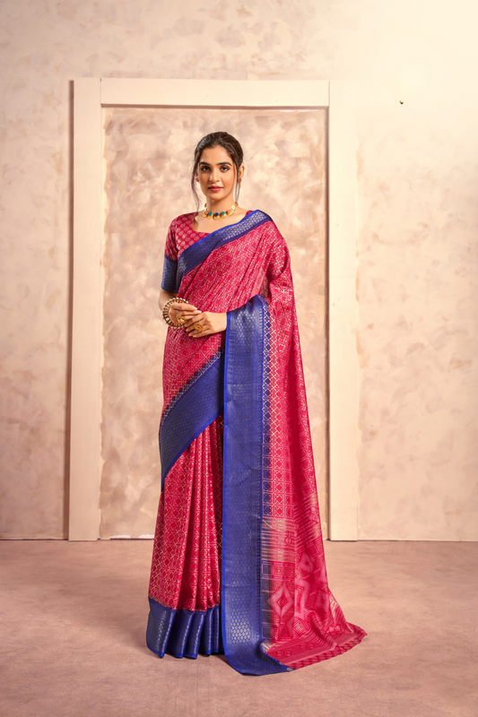 Soft Dola Saree with Foil Print and Contrast Jacquard Border - LaVante Fashion