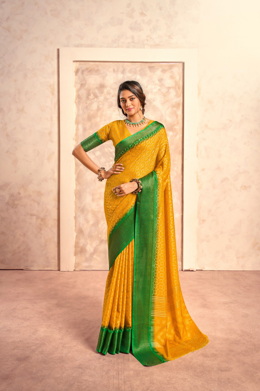 Soft Dola Saree with Foil Print and Contrast Jacquard Border - LaVante Fashion