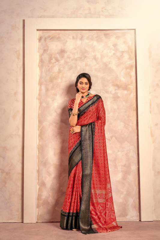 Soft Dola Saree with Foil Print and Contrast Jacquard Border - LaVante Fashion