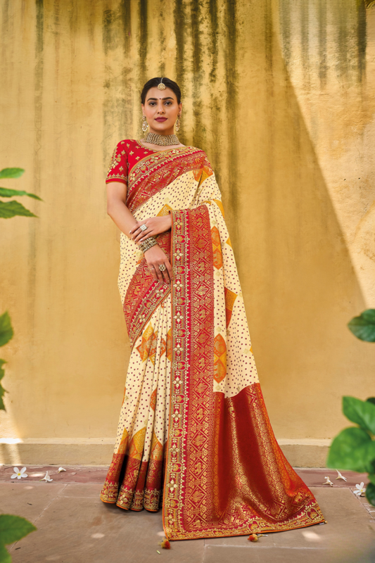 Pure Dola Silk Saree with Timeless Gota Patti Embroidery Elegance