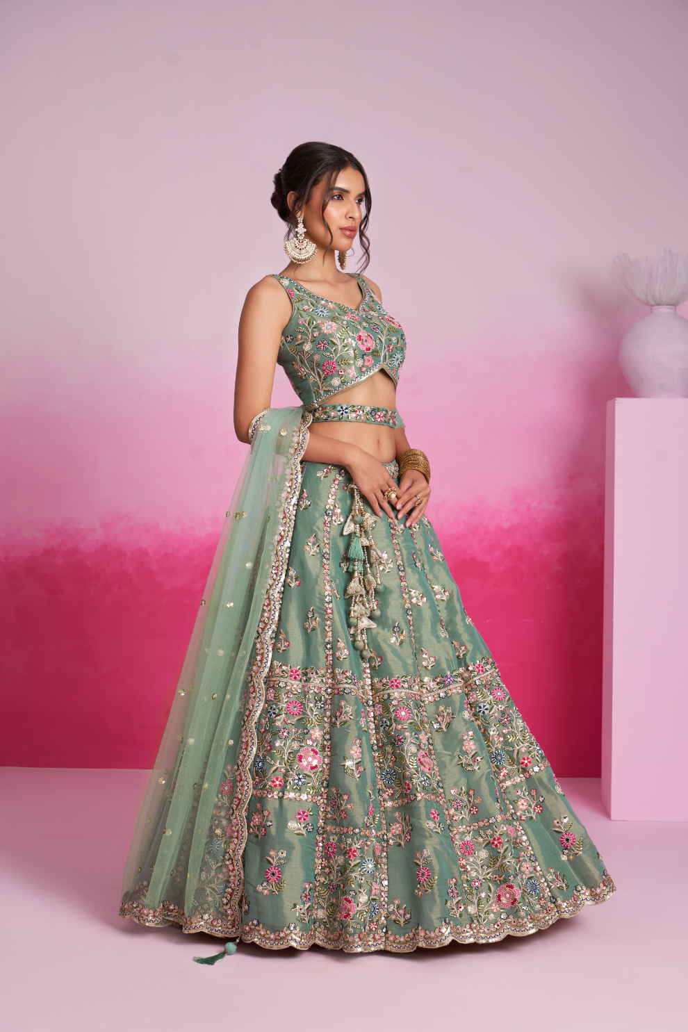 Bridal Net Moti And Sequins Embroidery Lehenga Choli Dupatta