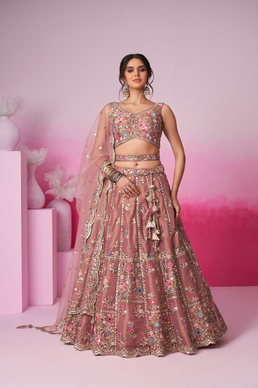 Bridal Net Moti And Sequins Embroidery Lehenga Choli Dupatta