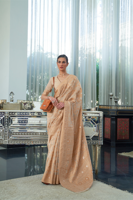 Classic Lucknowi Saree with Elegant Chikankari Silk Weaving Touch