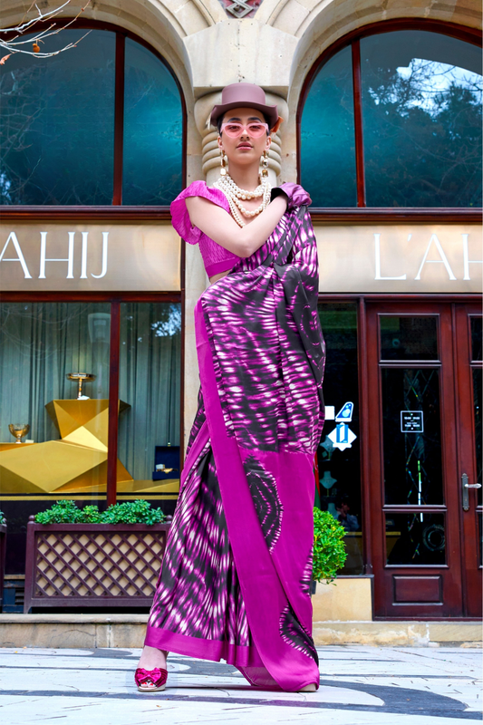 Contemporary Print Satin Crepe Saree with Chic Glossy Drape