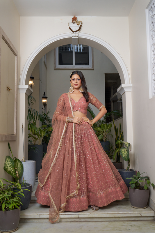 Designer Thread Sequin Embroidered Net Lehenga for Festive Wear