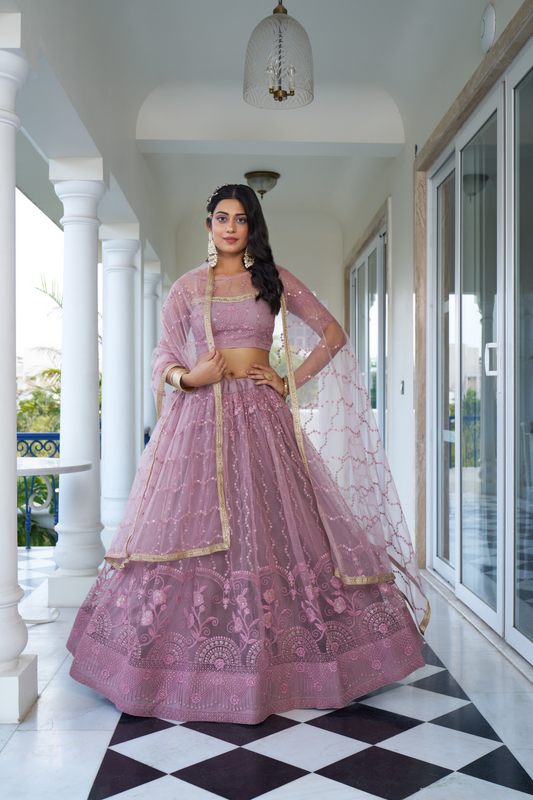 Designer Thread Sequin Embroidered Net Lehenga for Festive Wear