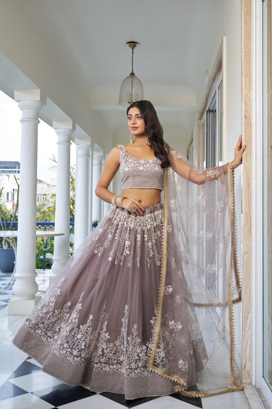 Designer Thread Sequin Embroidered Net Lehenga for Festive Wear