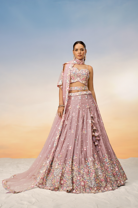 Chiffon Sequins And Thread Embroidery Lehenga Choli Dupatta